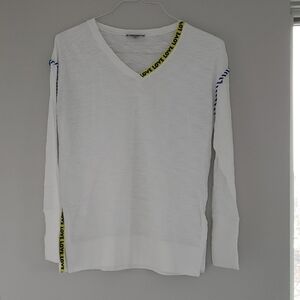 White V-Neck Sweater with Yellow 'Love' Trim
